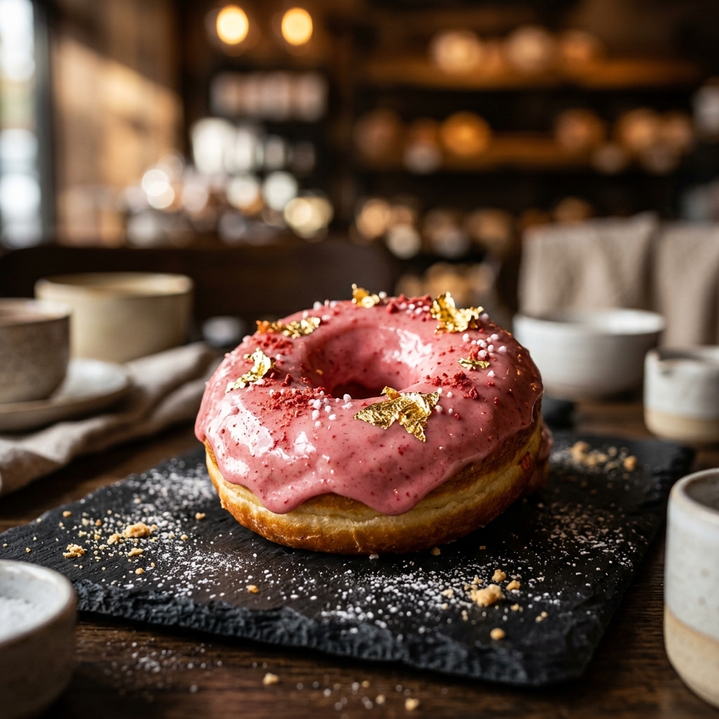 Donut gourmet com cobertura rosa e folha de ouro